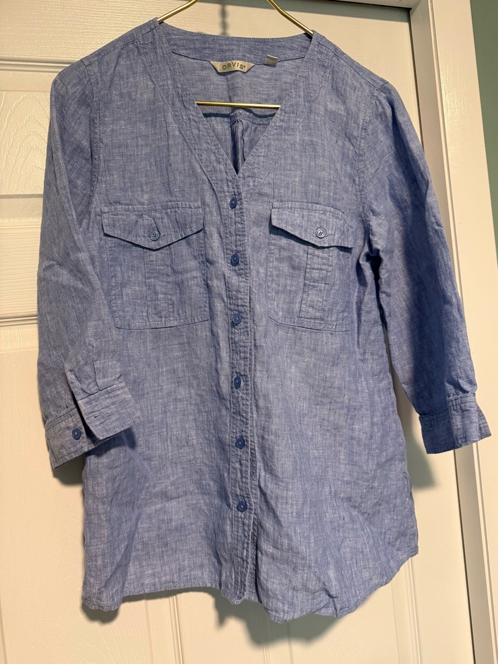 Orvis Linen Coastal Boho relaxed fit Split V-Neck button-up breezy Shirt Tunic